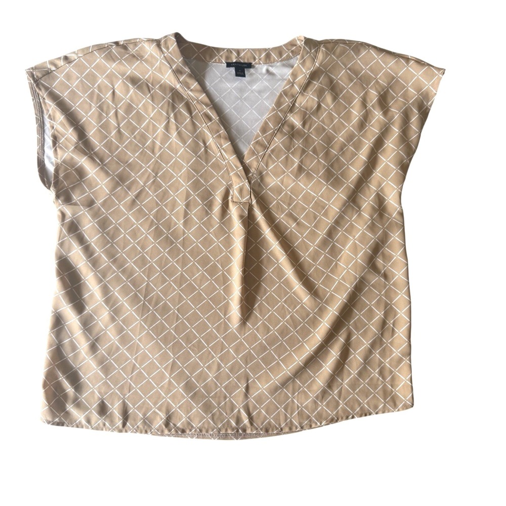 Ann Taylor Tan Windowpane Grid Mixed Media V-Neck Blouse Top Size Medium